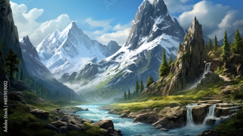  a painting of a mountain landscape with a river running through it and a waterfall in the middle of the picture.