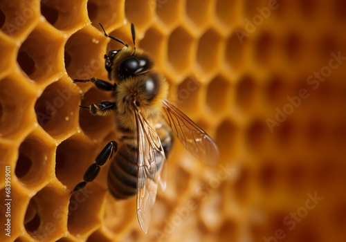 An up-close look at a honeycomb, revealing the intricate details of a bee within its exquisite hive © nasir1164