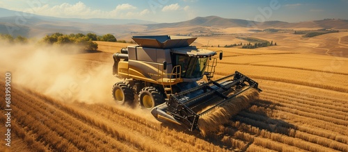 Aerial drone top view Big powerful industrial combine harvester machine reaping golden ripe wheat cereal field photo
