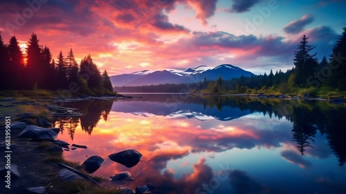 Tranquil Lake at Sunset. Generative ai © Scrudje