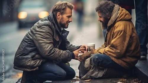 Moments of Compassion: Man Sharing a Meal with a Homeless Person in the Rain. Generative ai #683959262