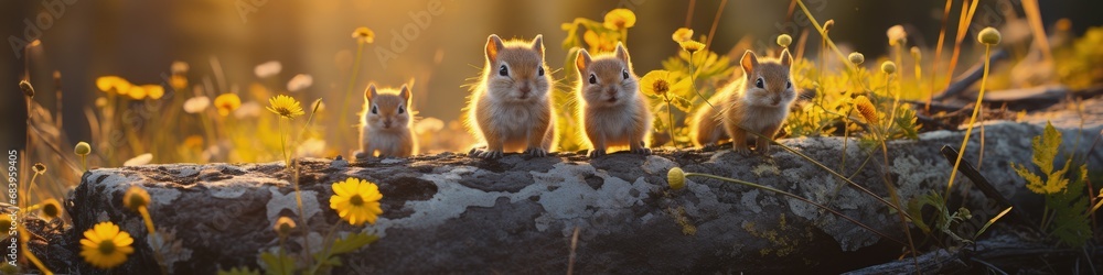 Five Baby Squirrels Standing on a Tree Log in Serene Yellow Flower Field Five Baby Squirrels Standing on a Tree Log in Serene Yellow Flower Field