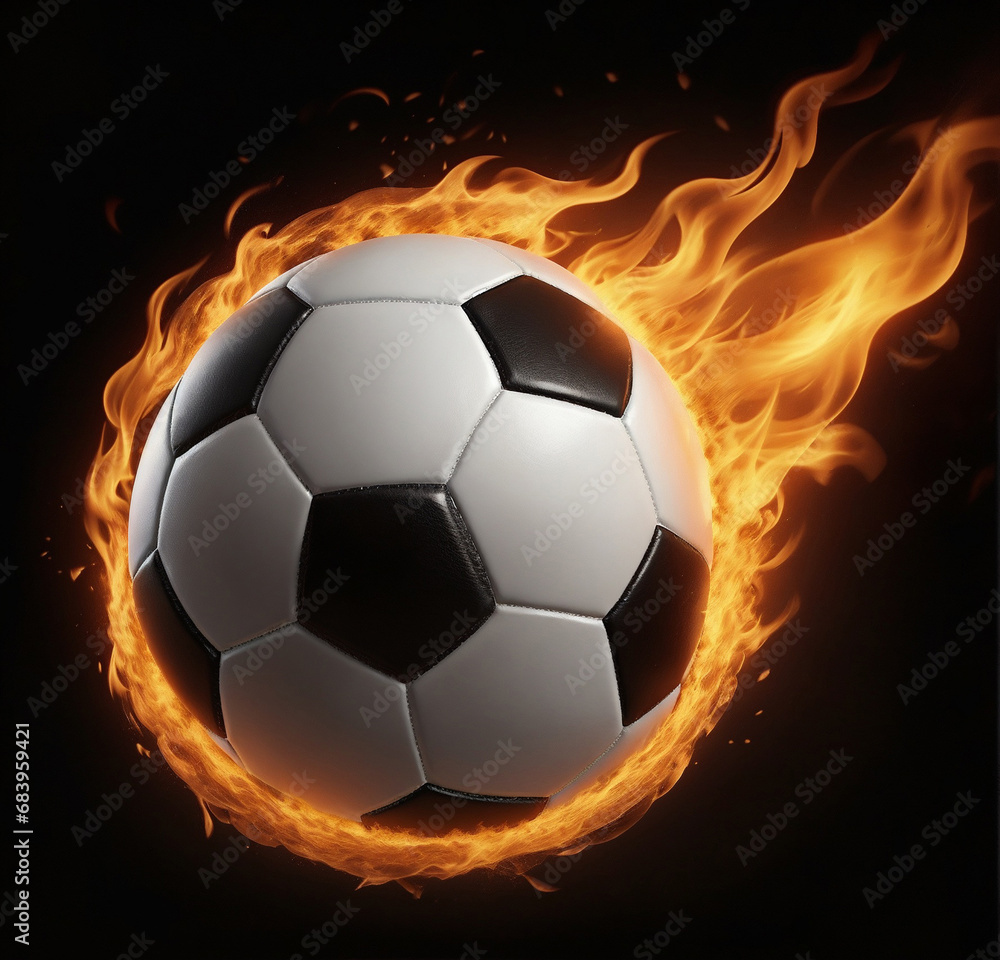Fototapeta premium A soccer ball enveloped in a vibrant, fiery glow against a dark black backdrop