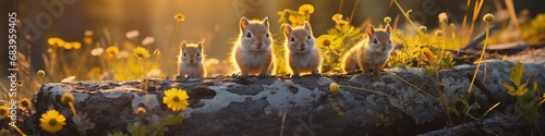 Five Baby Squirrels Standing on a Tree Log in Serene Yellow Flower Field © DigitalMuse