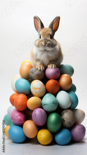 A bunny perched on an egg pyramid, a playful addition to Easter Bunny Festive Moments. © Liana