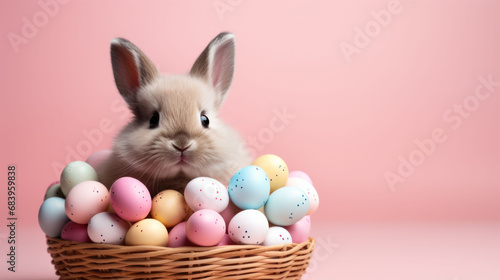 A fluffy bunny surrounded by a pastel egg assortment, a sweet illustration of Easter Bunny Festive Moments. © Liana
