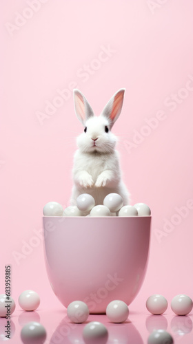  A white bunny atop an egg-filled vase, a serene scene for Easter Bunny Festive Moments.