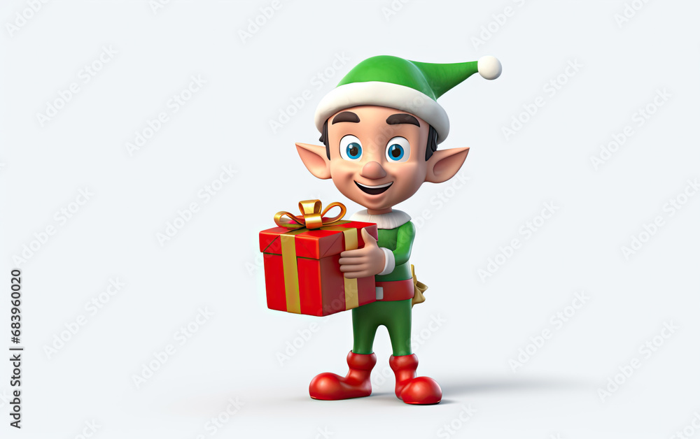 Happy Elf with Gift Box - 3D Character Isolated on White Background, Spreading Joy with a Smile Happy Elf with Gift Box - 3D Character Isolated on White Background, Spreading Joy with a Smile