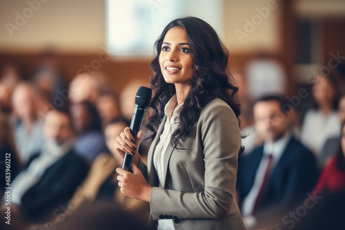 An indian woman in suit giving a speech at a conference photo