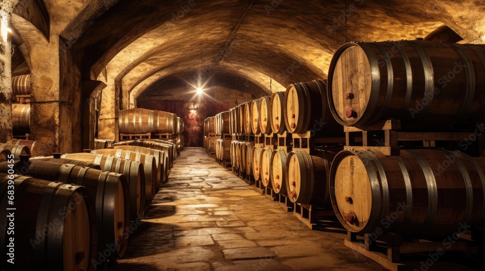 Several barrels of wine in a wine cellar in a traditional underground winery comeliness