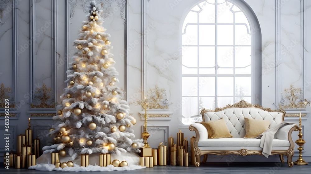 Luxurious Christmas tree in a baroque-style room with golden ornaments and tall windows