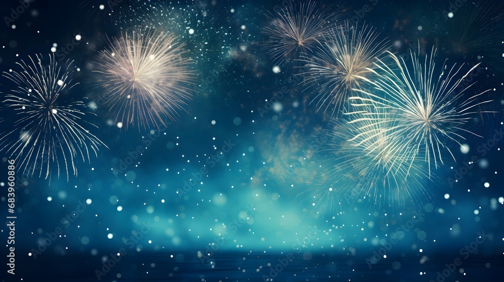 Sparkling fireworks explode in a myriad of colors against a dark blue sky, perfect for festive and New Year themes