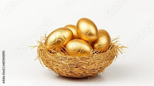 golden easter egg in a basket on white background, AI Generative.
