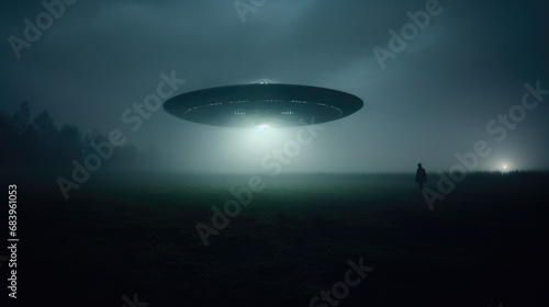 Hovering above a nocturnal field, a UFO captured in a style of a random observer's perspective.
