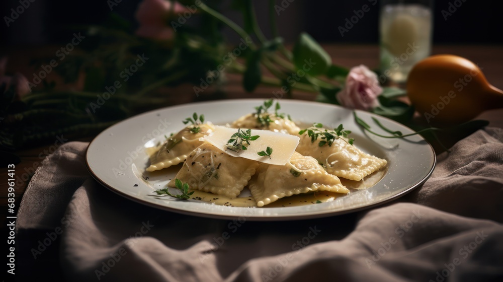 a plate of ravioli with parmesan cheese and parsley on a table with a glass of orange juice. a plate of ravioli with parmesan cheese and parsley on a table with a glass of orange juice.