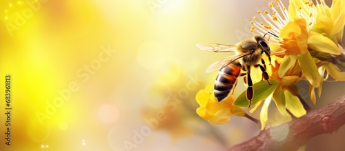 In the springtime, amidst the vibrant flora, a yellow flower bloomed, attracting a curious honeybee to its floral display, its stamen and pistil covered in natural pollen. The bee buzzed from plant to photo