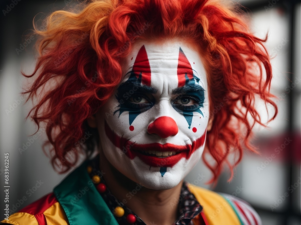 Portrait of a scary crazy looking maniac killer clown laughing with make-up and big red nose with colorful hair and joker outfit. isolated on white background.