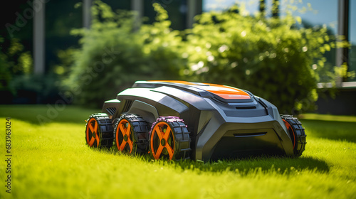Un robot tondeuse qui parcourt une pelouse bien entretenue dans un jardin ensoleillé.





