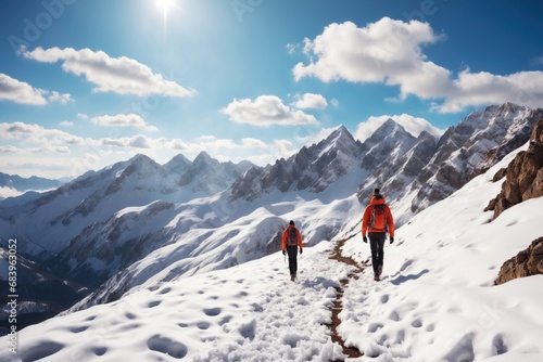 An adventurous hiker ascends a snow covered mountain trail. ai generative