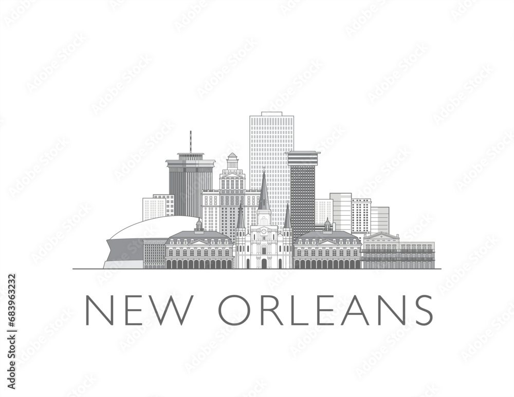 New Orleans, Louisiana, cityscape line art style vector illustration in black and white