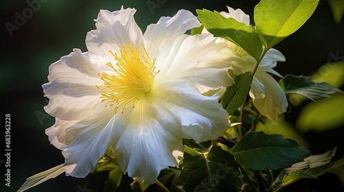 In the midst of a blooming garden, a white flower stood tall, its delicate petals reflecting the vibrant colors of spring, embracing the beauty of nature in all its forms. Surrounding it, green leaves photo