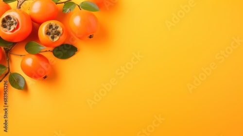  a bunch of orange fruit sitting on top of a yellow table next to a branch with green leaves on it.