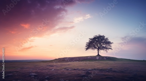  a lone tree sitting on top of a hill with a sunset in the backgrounge of the sky.