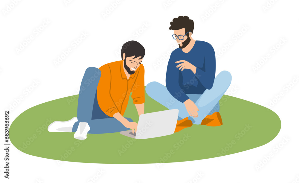 Group students is sitting on the grass with a laptop. Education concept Group students is sitting on the grass with a laptop. Education concept