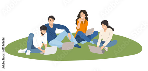 Group students is sitting on the grass with a laptop. Education concept