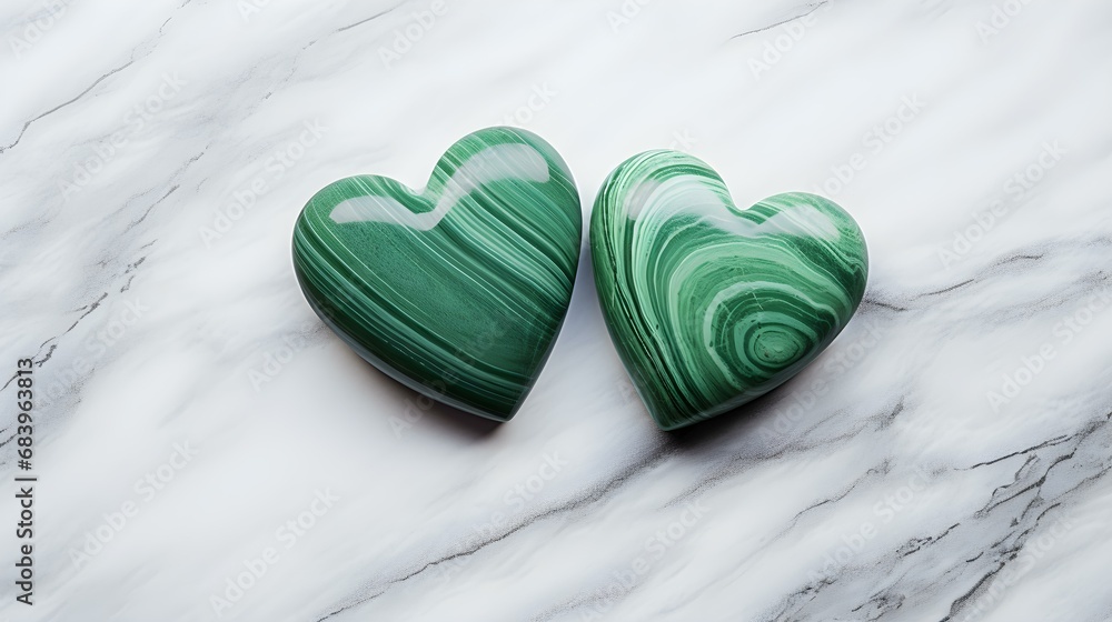Close up of two green Hearts on a white Marble Background. Romantic Backdrop with Copy Space Close up of two green Hearts on a white Marble Background. Romantic Backdrop with Copy Space
