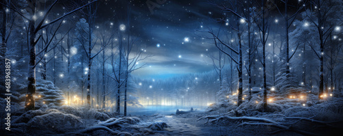 Forest with magical lights in winter at Christmas night, landscape with snow, trees and sky. Panoramic view of fairy woods and path. Theme of New Year holiday, wonderland, nature, xmas © Natalya