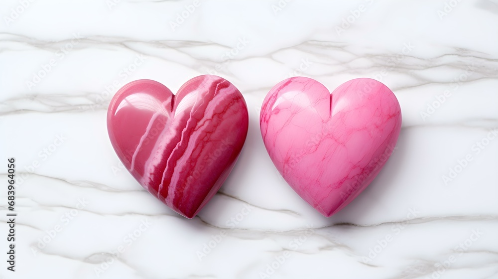 Fototapeta premium Close up of two hot pink Hearts on a white Marble Background. Romantic Backdrop with Copy Space