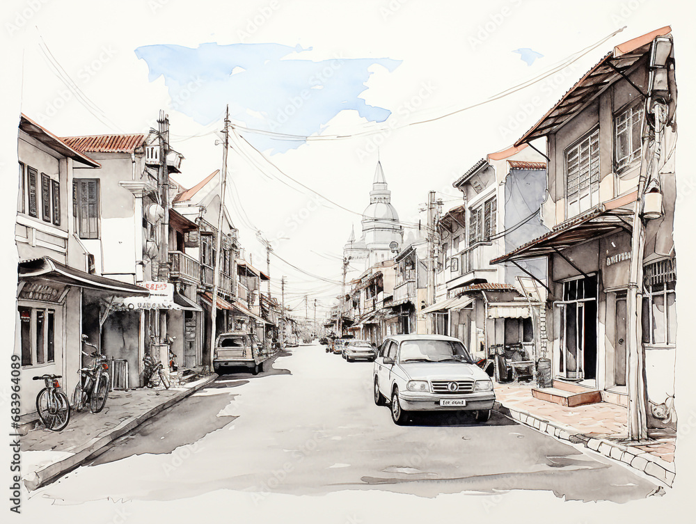 Fototapeta premium A typical view of an old small town in Southeast Asia. It is usually inhabited by Chinese immigrants who were brought by the colonists. Black and white pencil & watercolor illustration. 