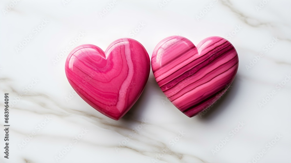 Close up of two hot pink Hearts on a white Marble Background. Romantic Backdrop with Copy Space