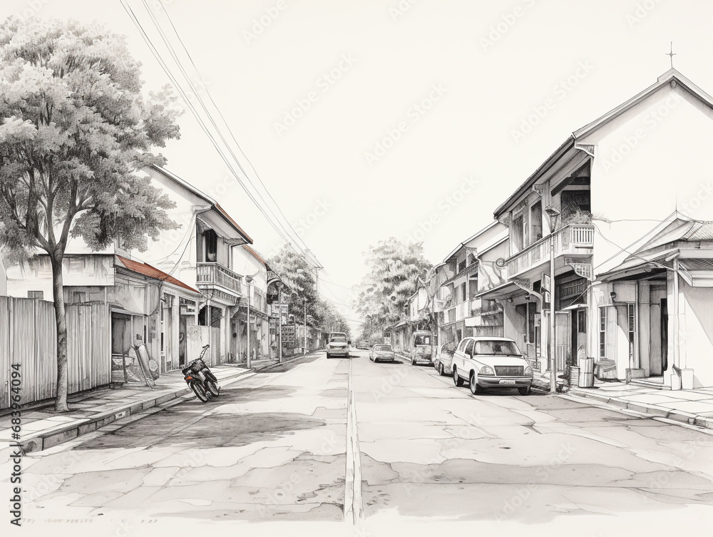 A typical view of an old small town in Southeast Asia. It is usually inhabited by Chinese immigrants who were brought by the colonists. Black and white pencil & watercolor illustration.
