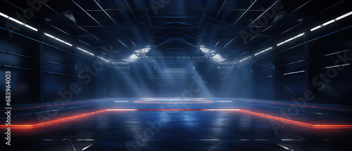 Modern warehouse background, dark futuristic garage with neon lighting. Tech design of empty room, showroom interior. Concept of show, stage, industry, hall, hangar, space