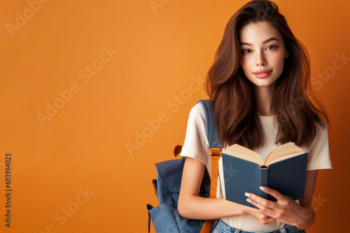 Young student woman wearing backpack holding book over orange background, learning and educational. ai generative