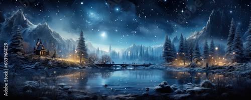 Magical forest in winter at Christmas night, landscape with lights, water and stars in sky. Panorama of snowy woods, mountain and village. Theme of New Year holiday, wonderland, nature