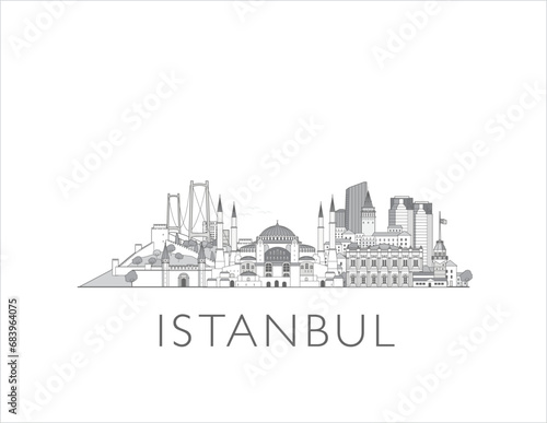 Istanbul, Turkey cityscape line art style vector illustration in black and white