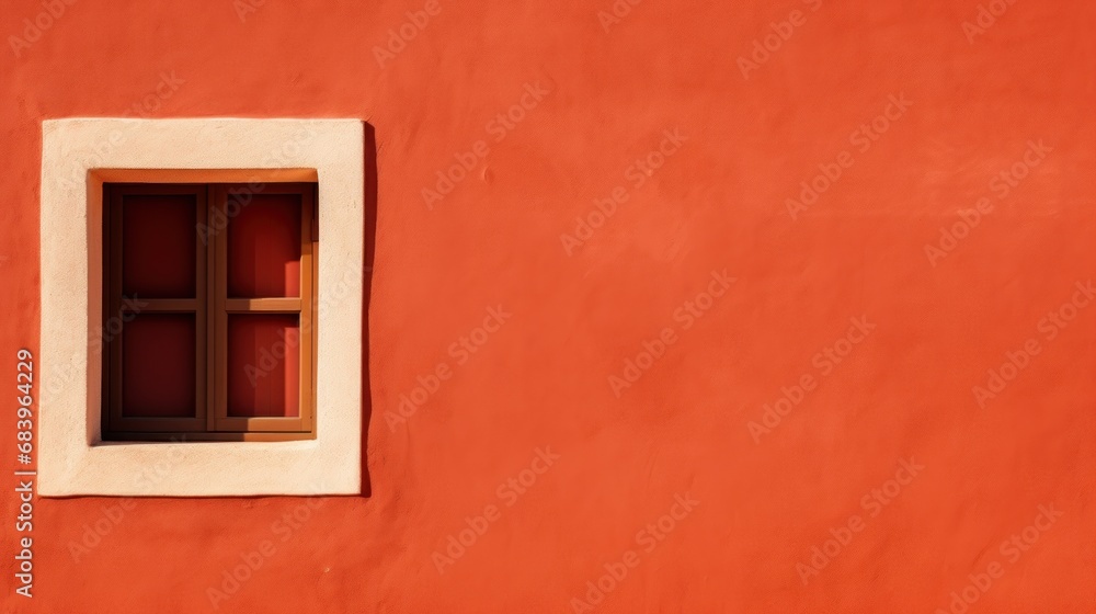  a window on the side of a building with a red wall and a window sill in the middle of the window.
