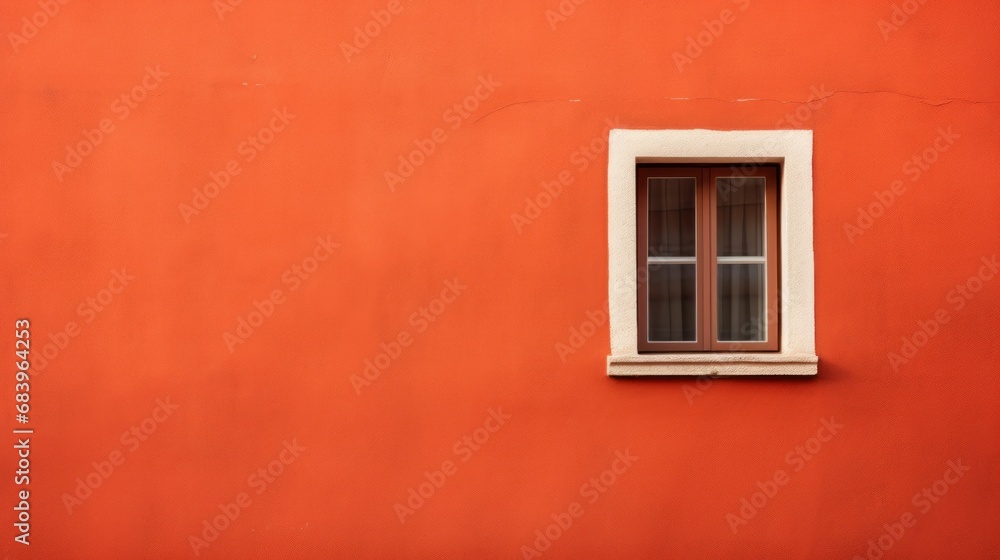  a red building with a white window and a white trim on the outside of the window and a white trim on the inside of the outside of the window.