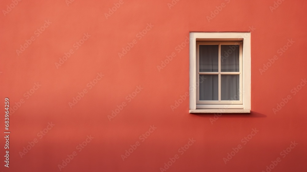  a red building with a white window and a white curtain on the window sill and a white curtain on the window sill.
