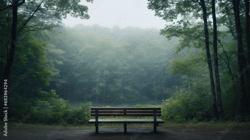 a park bench sitting in the middle of a forest filled with green trees and tall, thin, thin trees.