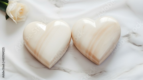 Close up of two ivory Hearts on a white Marble Background. Romantic Backdrop with Copy Space