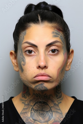 headshot mugshot of a gang member hispanic man looking at the camera with his body covered with tattoos on gray background photo