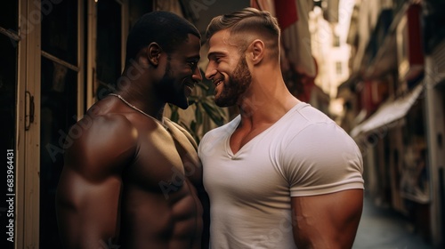 In a passionate ecstasy, two young and handsome guys on the street photo