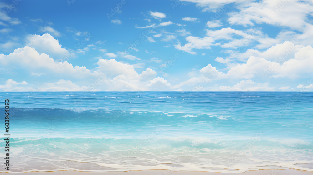 Beach, beautiful panoramic sea view, with clean water and blue sky, generative ai