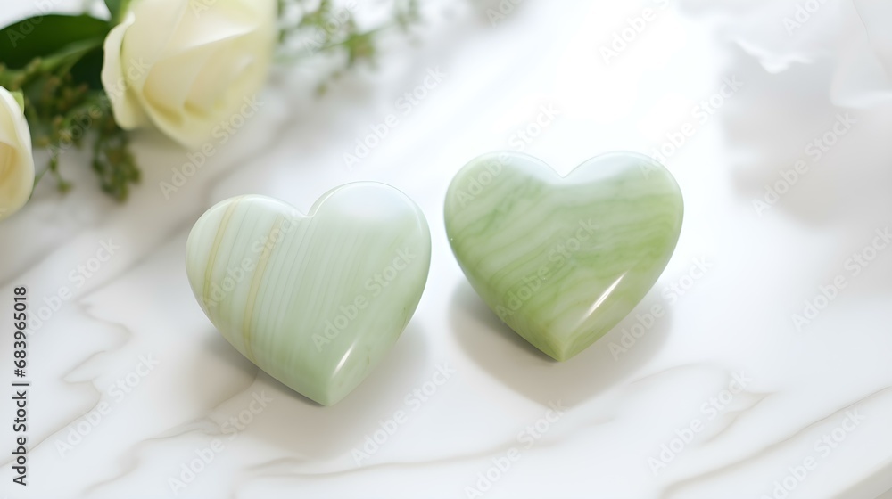 Close up of two light green Hearts on a white Marble Background. Romantic Backdrop with Copy Space