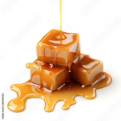 caramel candies and caramel sauce on white background, isolated, splash, generative ai photo