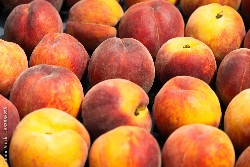 Peaches in box detail - peache closeup Peaches in box detail - peache closeup
